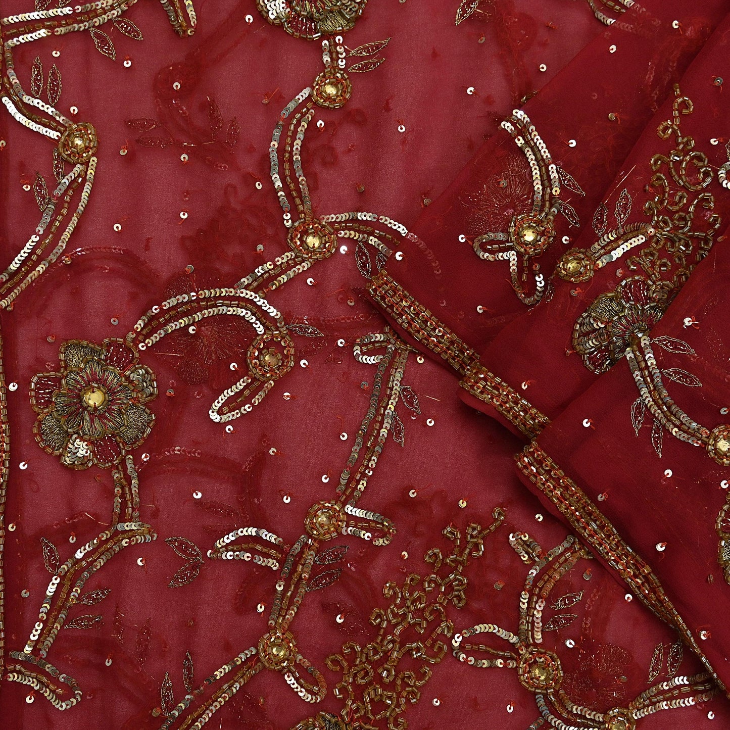 Indian Vintage Heavy Bridal Red Dupatta Pure Georgette Silk Long Stole Hand Embroidered Scarf Zardozi/Dabka Wedding red Hijab veil