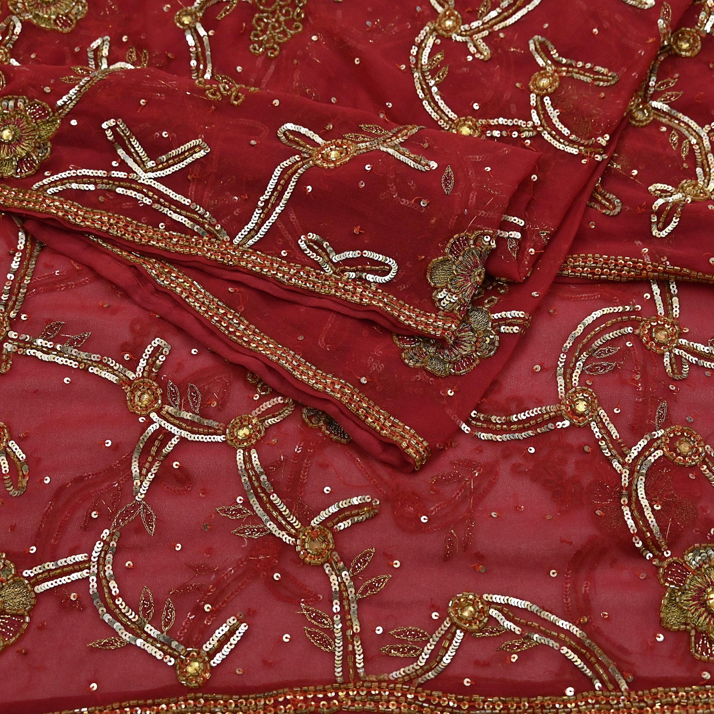 Indian Vintage Heavy Bridal Red Dupatta Pure Georgette Silk Long Stole Hand Embroidered Scarf Zardozi/Dabka Wedding red Hijab veil