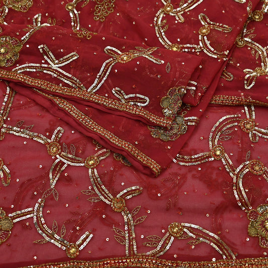 Indian Vintage Heavy Bridal Red Dupatta Pure Georgette Silk Long Stole Hand Embroidered Scarf Zardozi/Dabka Wedding red Hijab veil