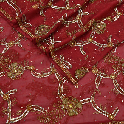 Indian Vintage Heavy Bridal Red Dupatta Pure Georgette Silk Long Stole Hand Embroidered Scarf Zardozi/Dabka Wedding red Hijab veil