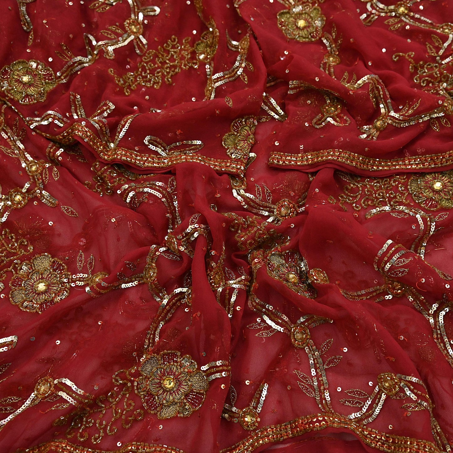 Indian Vintage Heavy Bridal Red Dupatta Pure Georgette Silk Long Stole Hand Embroidered Scarf Zardozi/Dabka Wedding red Hijab veil