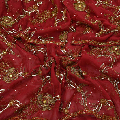 Indian Vintage Heavy Bridal Red Dupatta Pure Georgette Silk Long Stole Hand Embroidered Scarf Zardozi/Dabka Wedding red Hijab veil