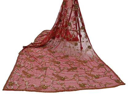 Indian Vintage Heavy Bridal Red Dupatta Pure Georgette Silk Long Stole Hand Embroidered Scarf Zardozi/Dabka Wedding red Hijab veil