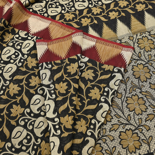 Indian Vintage Sari Black 100% Pure Silk Hand Woven Sarees Craft Fabric 5Yd Ethnic Sewing Dress making Crafting Quilting Upcycle Zari