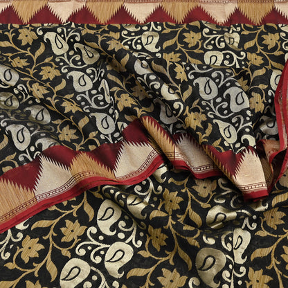 Indian Vintage Sari Black 100% Pure Silk Hand Woven Sarees Craft Fabric 5Yd Ethnic Sewing Dress making Crafting Quilting Upcycle Zari