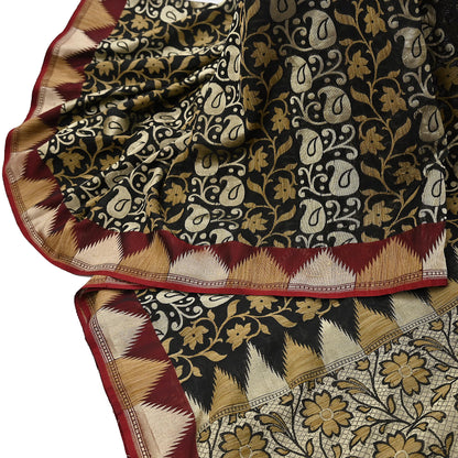 Indian Vintage Sari Black 100% Pure Silk Hand Woven Sarees Craft Fabric 5Yd Ethnic Sewing Dress making Crafting Quilting Upcycle Zari