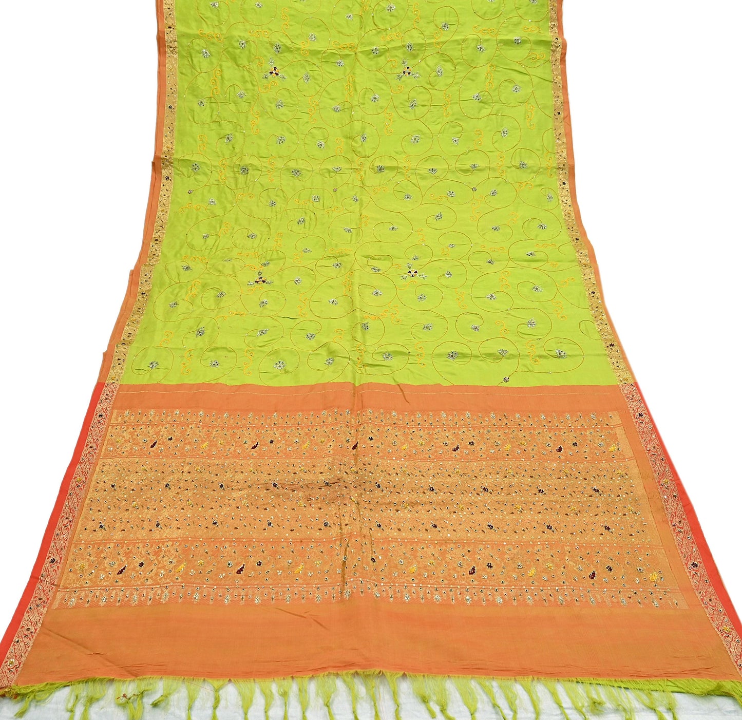 Indian Vintage Saree Heavy Hand Embroidered Pure Silk Green & Orange Bridal Fabric 5 Yards Dress Making Bollywood Sarees