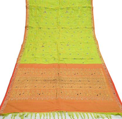 Indian Vintage Saree Heavy Hand Embroidered Pure Silk Green & Orange Bridal Fabric 5 Yards Dress Making Bollywood Sarees