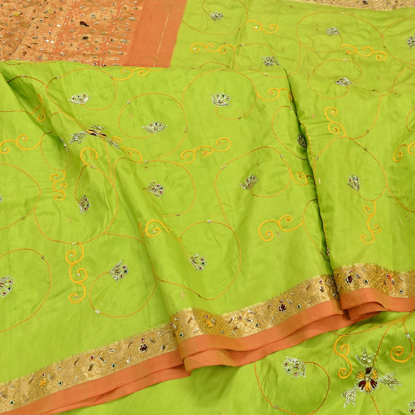 Indian Vintage Saree Heavy Hand Embroidered Pure Silk Green & Orange Bridal Fabric 5 Yards Dress Making Bollywood Sarees