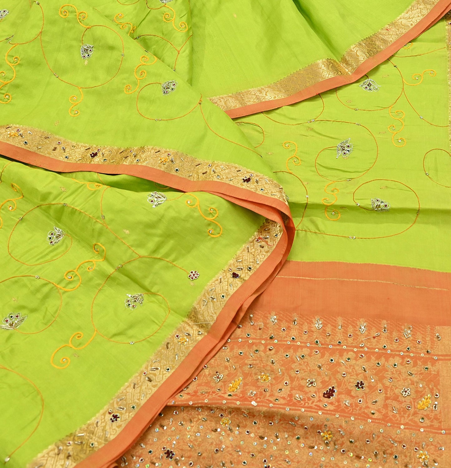 Indian Vintage Saree Heavy Hand Embroidered Pure Silk Green & Orange Bridal Fabric 5 Yards Dress Making Bollywood Sarees