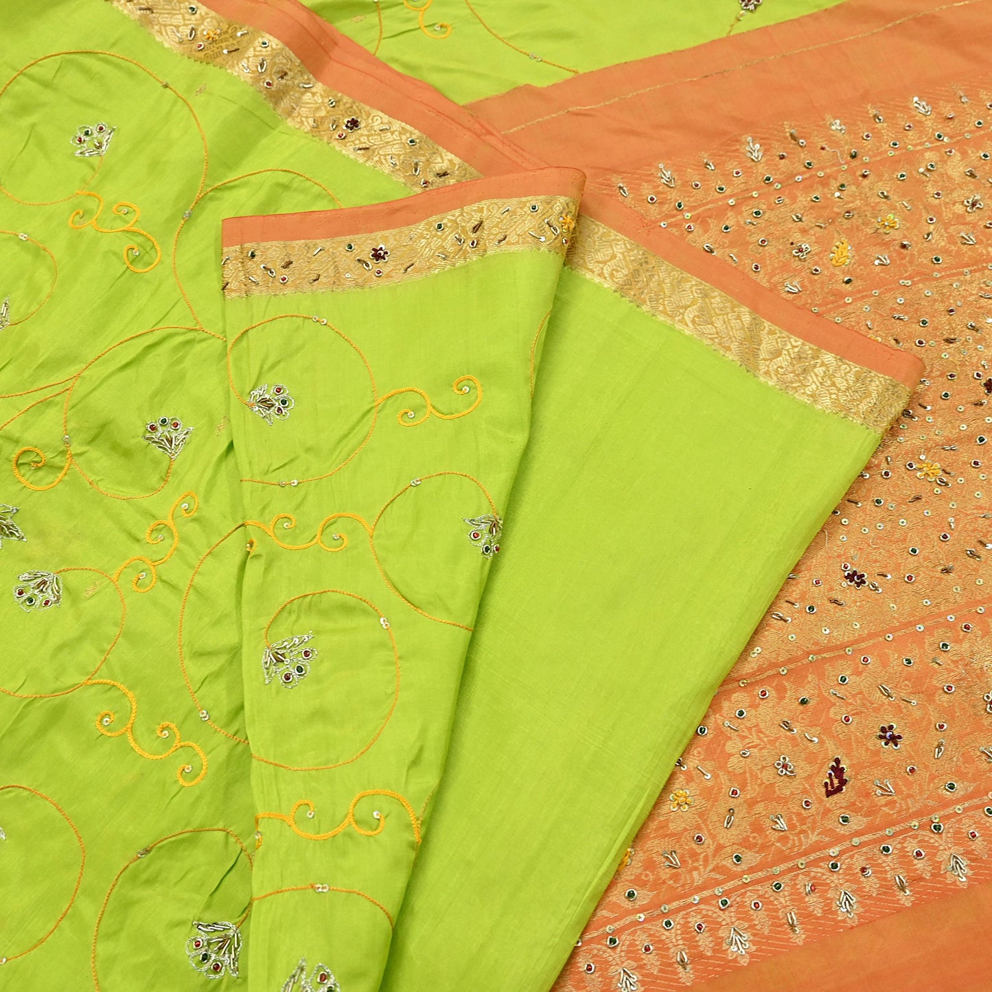 Indian Vintage Saree Heavy Hand Embroidered Pure Silk Green & Orange Bridal Fabric 5 Yards Dress Making Bollywood Sarees