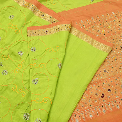 Indian Vintage Saree Heavy Hand Embroidered Pure Silk Green & Orange Bridal Fabric 5 Yards Dress Making Bollywood Sarees