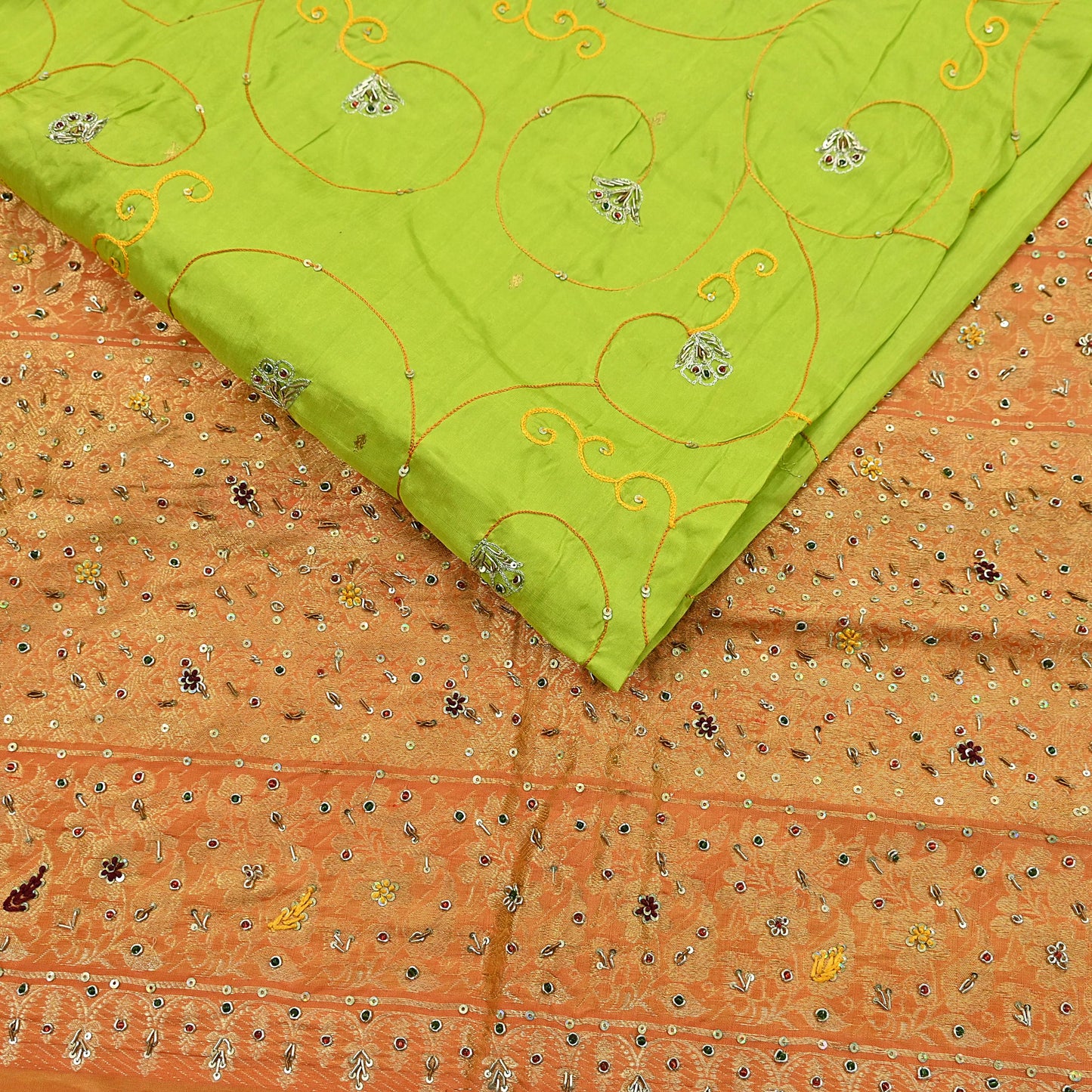 Indian Vintage Saree Heavy Hand Embroidered Pure Silk Green & Orange Bridal Fabric 5 Yards Dress Making Bollywood Sarees