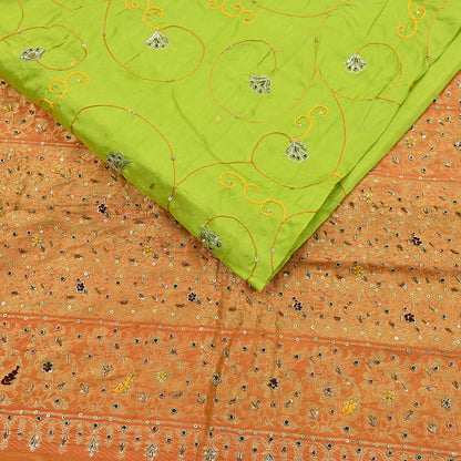 Indian Vintage Saree Heavy Hand Embroidered Pure Silk Green & Orange Bridal Fabric 5 Yards Dress Making Bollywood Sarees
