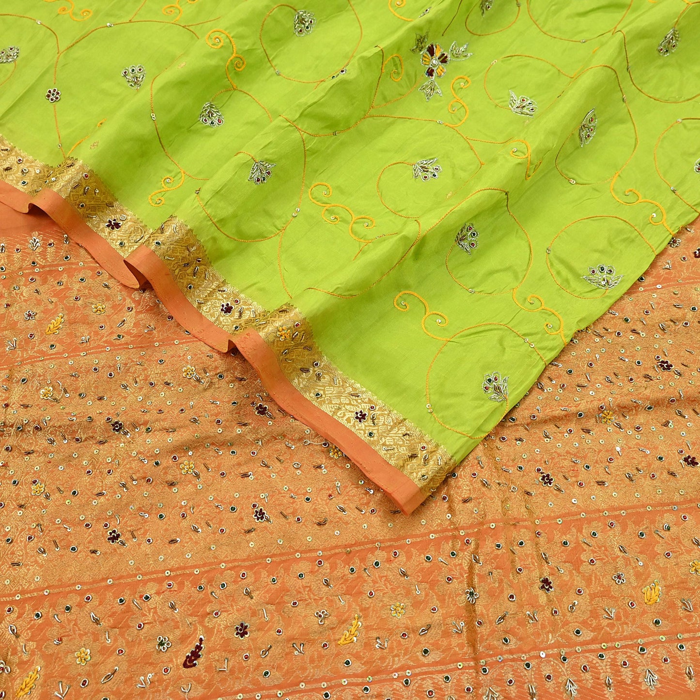 Indian Vintage Saree Heavy Hand Embroidered Pure Silk Green & Orange Bridal Fabric 5 Yards Dress Making Bollywood Sarees