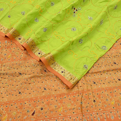 Indian Vintage Saree Heavy Hand Embroidered Pure Silk Green & Orange Bridal Fabric 5 Yards Dress Making Bollywood Sarees