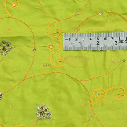 Indian Vintage Saree Heavy Hand Embroidered Pure Silk Green & Orange Bridal Fabric 5 Yards Dress Making Bollywood Sarees