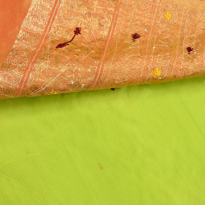 Indian Vintage Saree Heavy Hand Embroidered Pure Silk Green & Orange Bridal Fabric 5 Yards Dress Making Bollywood Sarees