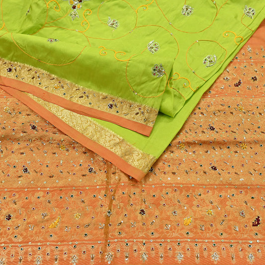 Indian Vintage Saree Heavy Hand Embroidered Pure Silk Green & Orange Bridal Fabric 5 Yards Dress Making Bollywood Sarees
