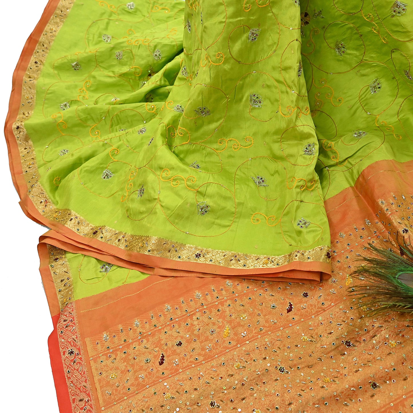 Indian Vintage Saree Heavy Hand Embroidered Pure Silk Green & Orange Bridal Fabric 5 Yards Dress Making Bollywood Sarees