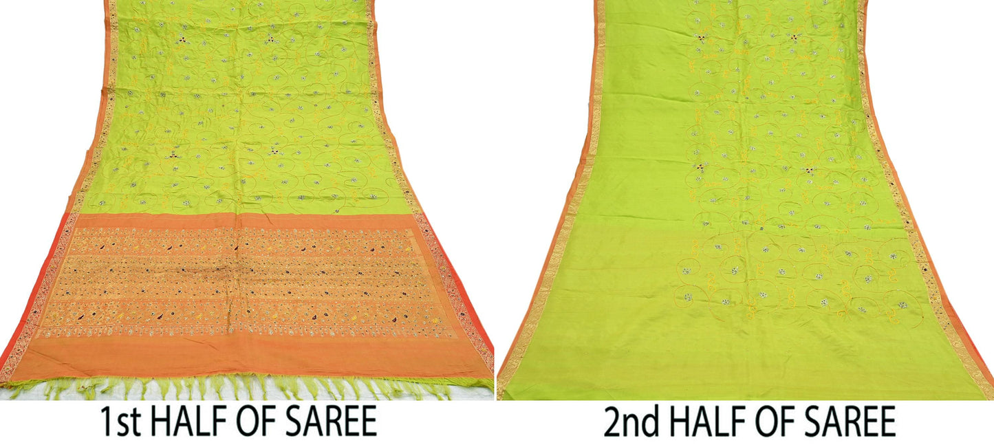 Indian Vintage Saree Heavy Hand Embroidered Pure Silk Green & Orange Bridal Fabric 5 Yards Dress Making Bollywood Sarees