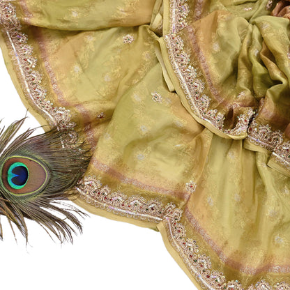Indian Vintage Green Dupatta Long Stole Pure Silk Hand Embroidered Scarves Veil Scarf Wrap Hippie Boho