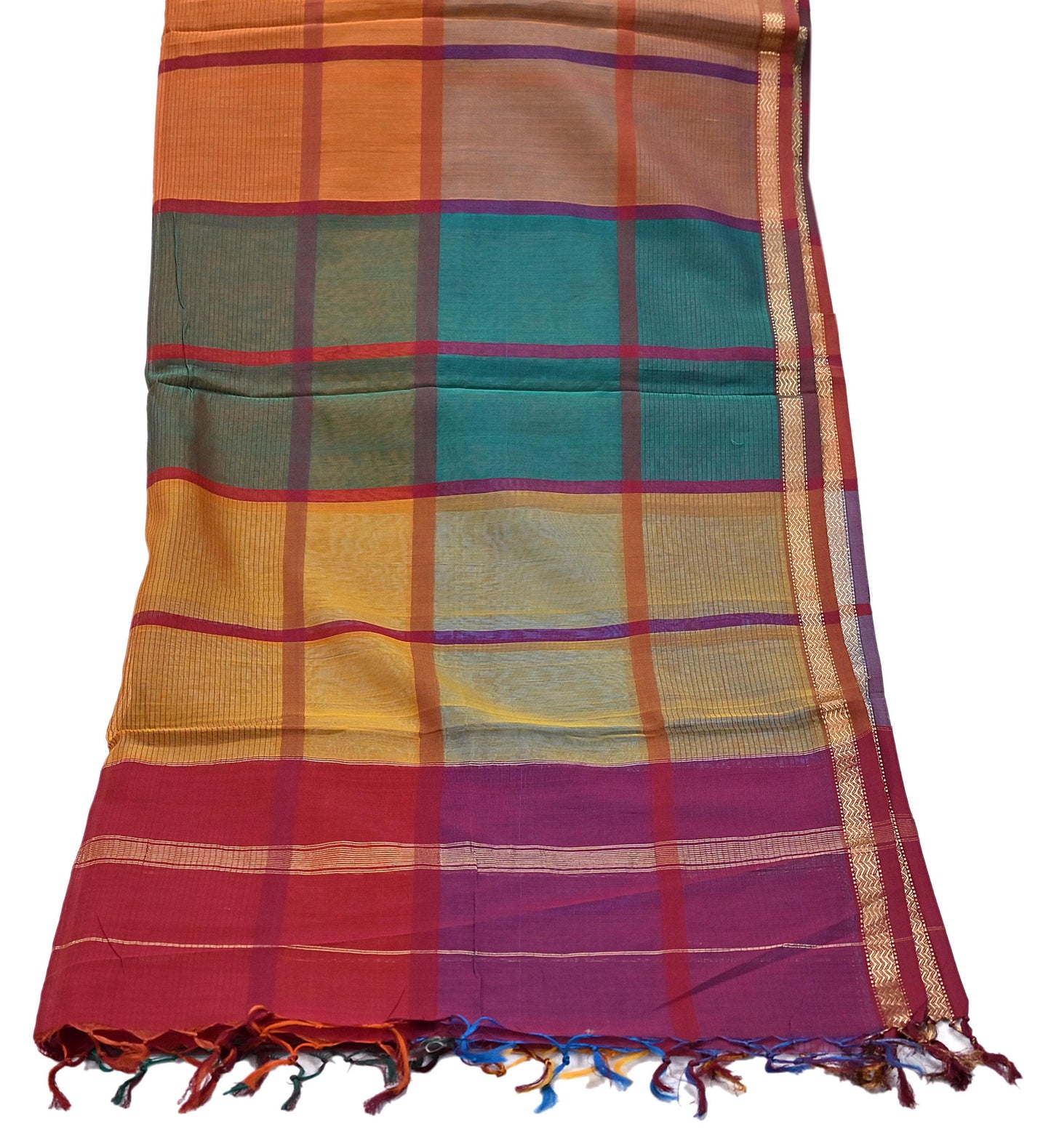 Indian Vintage Dupatta Multi Long Stole Block Print Pure Chanderi Silk Scarves Veil Zari Wrap Hijab Fringes