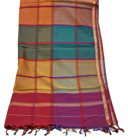 Indian Vintage Dupatta Multi Long Stole Block Print Pure Chanderi Silk Scarves Veil Zari Wrap Hijab Fringes