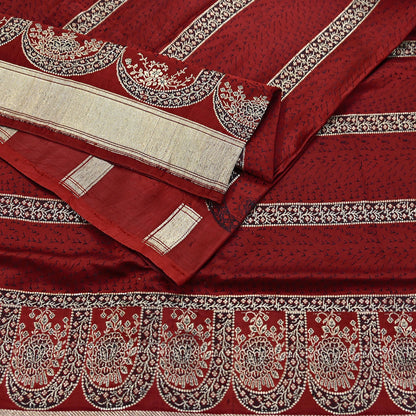 Vintage Banarasi Saree Pure Satin Silk Woven Brocade Zari Fabric Maroon Heavy Craft Sari 5 Yards Indian Antique Textile Dress Making