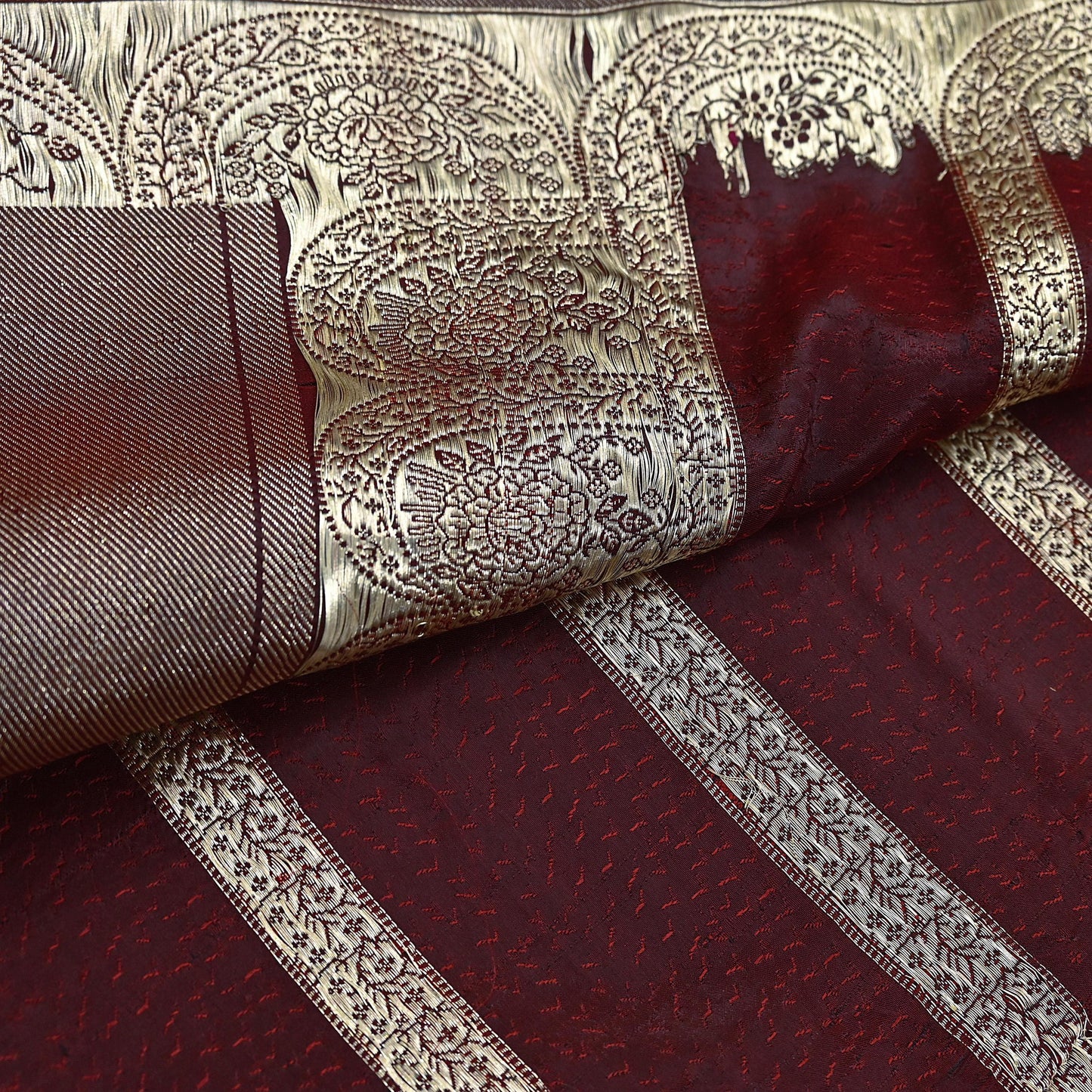 Vintage Banarasi Saree Pure Satin Silk Woven Brocade Zari Fabric Maroon Heavy Craft Sari 5 Yards Indian Antique Textile Dress Making