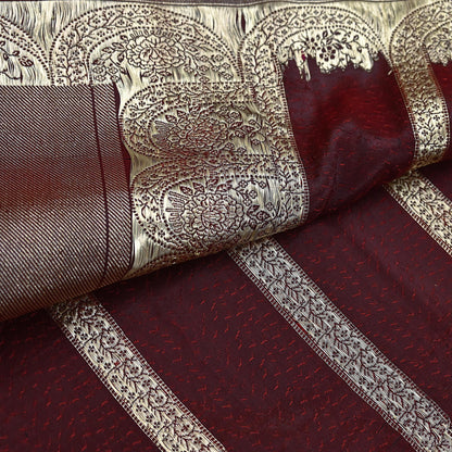 Vintage Banarasi Saree Pure Satin Silk Woven Brocade Zari Fabric Maroon Heavy Craft Sari 5 Yards Indian Antique Textile Dress Making
