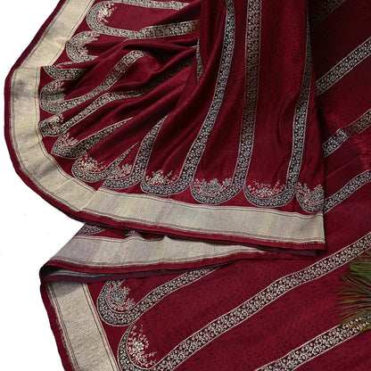 Vintage Banarasi Saree Pure Satin Silk Woven Brocade Zari Fabric Maroon Heavy Craft Sari 5 Yards Indian Antique Textile Dress Making