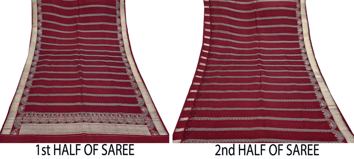 Vintage Banarasi Saree Pure Satin Silk Woven Brocade Zari Fabric Maroon Heavy Craft Sari 5 Yards Indian Antique Textile Dress Making
