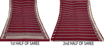 Vintage Banarasi Saree Pure Satin Silk Woven Brocade Zari Fabric Maroon Heavy Craft Sari 5 Yards Indian Antique Textile Dress Making