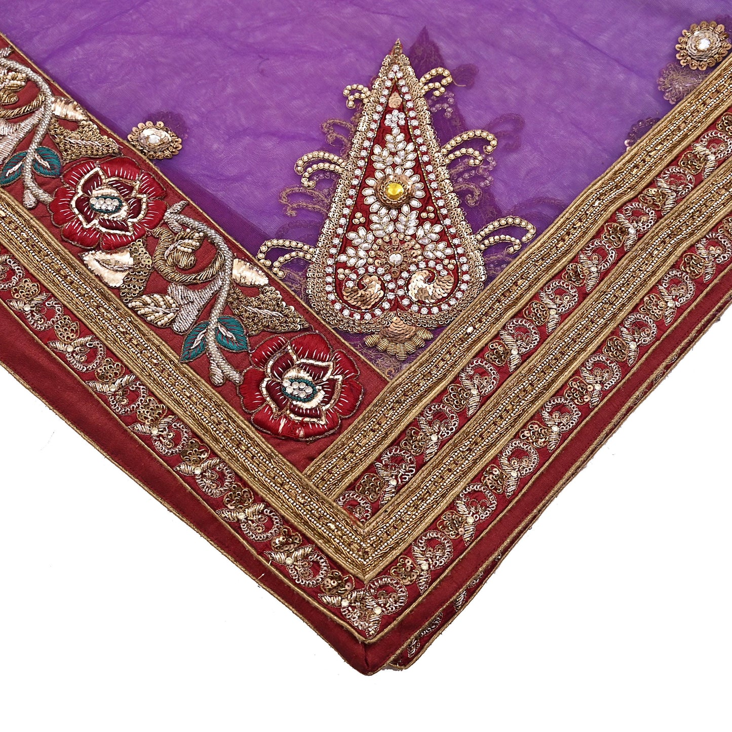 Indian Vintage Heavy Wedding Purple Dupatta Net Mesh Long Stole Hand Embroidered Scarves Golden Zardozi Dabka Zari Stole