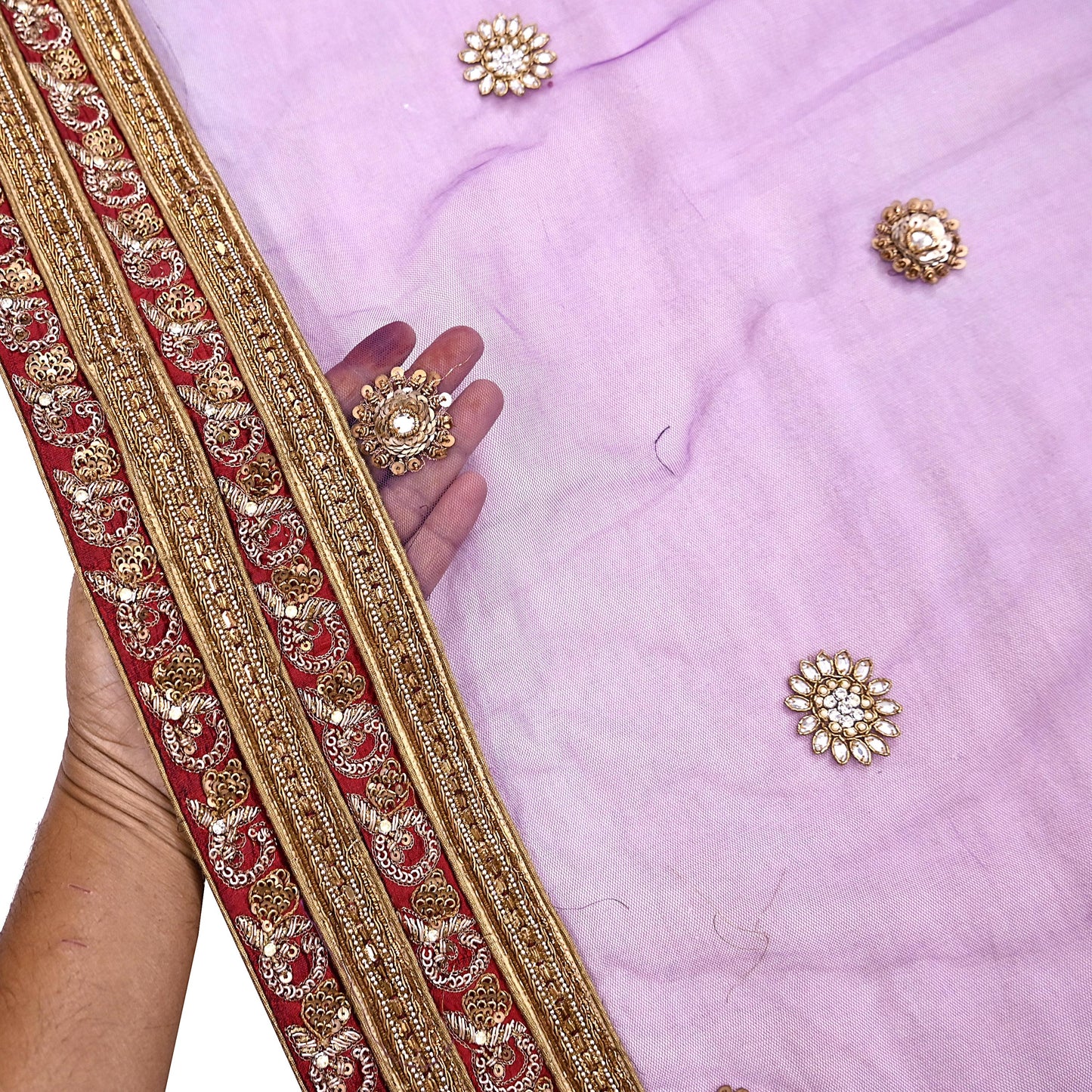 Indian Vintage Heavy Wedding Purple Dupatta Net Mesh Long Stole Hand Embroidered Scarves Golden Zardozi Dabka Zari Stole