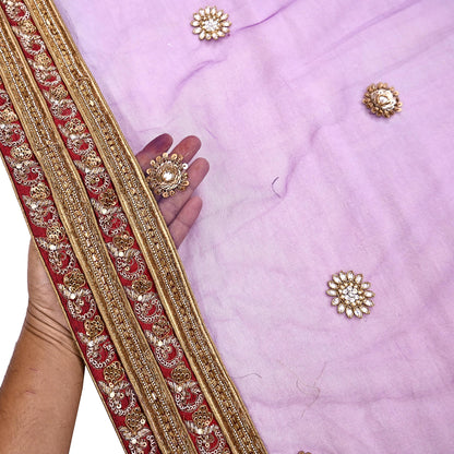 Indian Vintage Heavy Wedding Purple Dupatta Net Mesh Long Stole Hand Embroidered Scarves Golden Zardozi Dabka Zari Stole