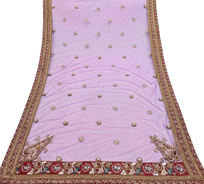 Indian Vintage Heavy Wedding Purple Dupatta Net Mesh Long Stole Hand Embroidered Scarves Golden Zardozi Dabka Zari Stole