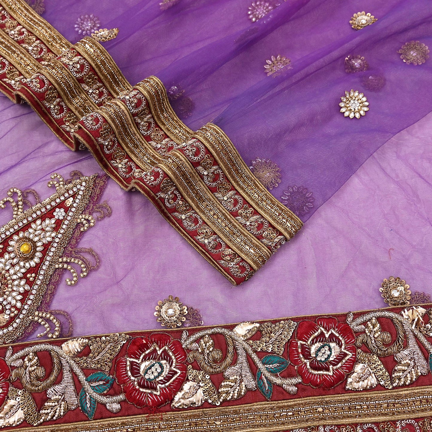 Indian Vintage Heavy Wedding Purple Dupatta Net Mesh Long Stole Hand Embroidered Scarves Golden Zardozi Dabka Zari Stole