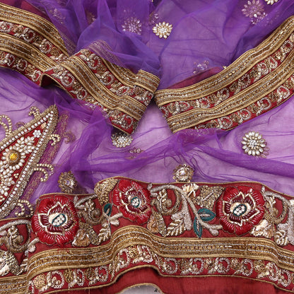 Indian Vintage Heavy Wedding Purple Dupatta Net Mesh Long Stole Hand Embroidered Scarves Golden Zardozi Dabka Zari Stole