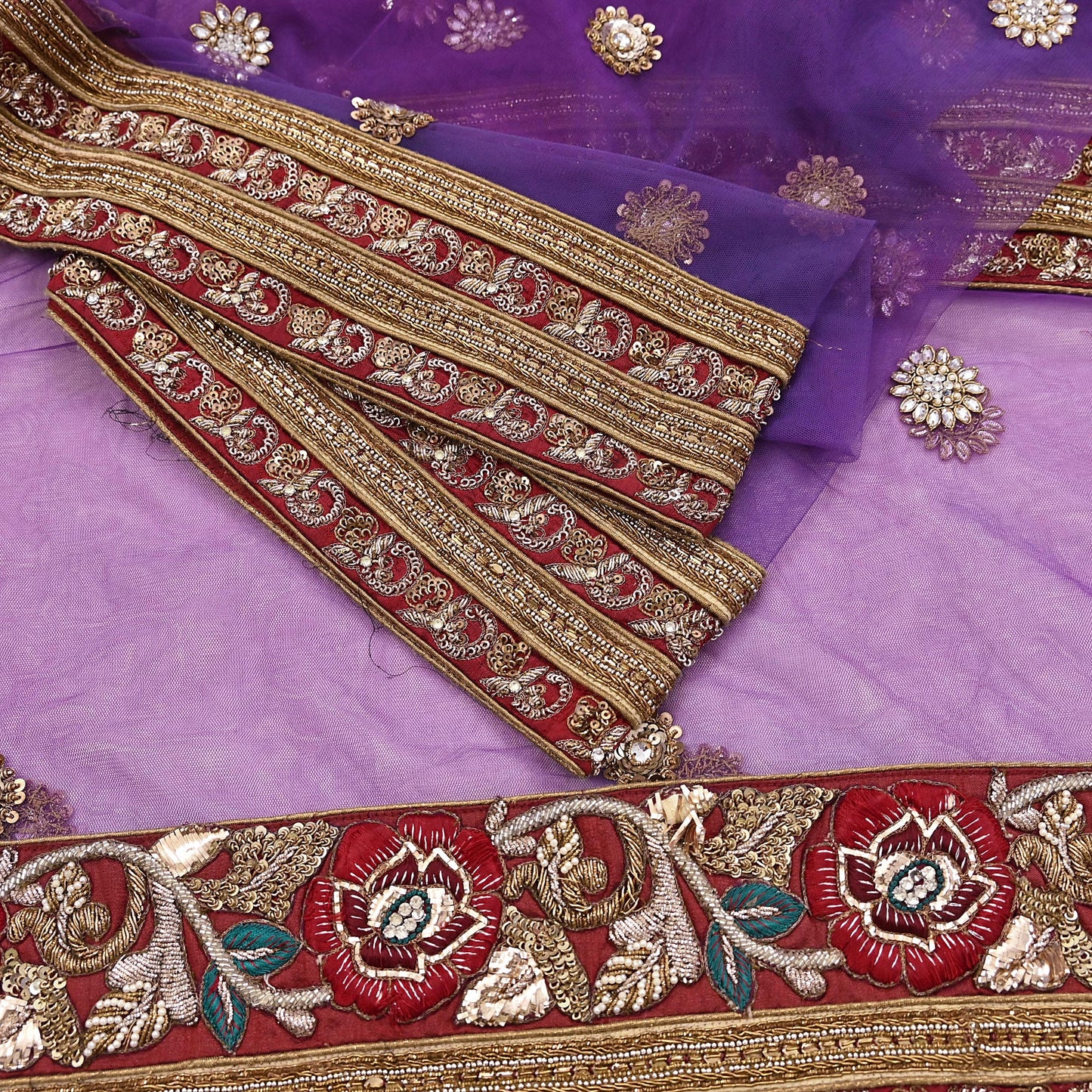 Indian Vintage Heavy Wedding Purple Dupatta Net Mesh Long Stole Hand Embroidered Scarves Golden Zardozi Dabka Zari Stole