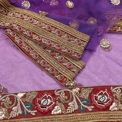 Indian Vintage Heavy Wedding Purple Dupatta Net Mesh Long Stole Hand Embroidered Scarves Golden Zardozi Dabka Zari Stole