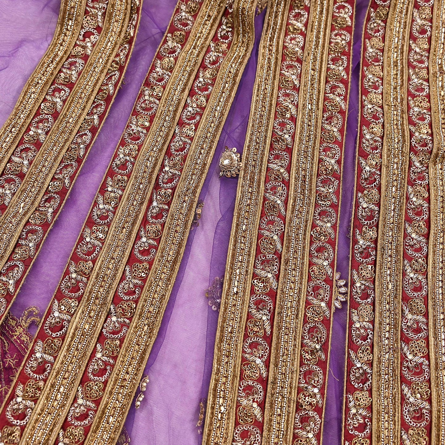 Indian Vintage Heavy Wedding Purple Dupatta Net Mesh Long Stole Hand Embroidered Scarves Golden Zardozi Dabka Zari Stole