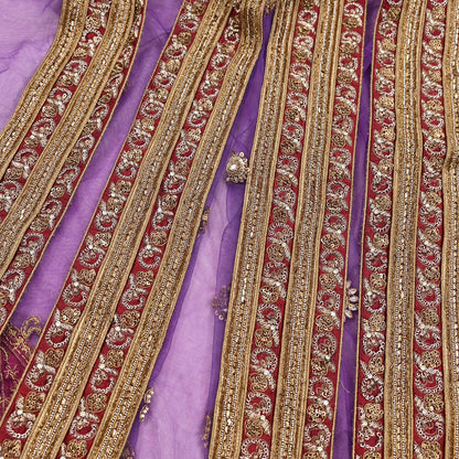 Indian Vintage Heavy Wedding Purple Dupatta Net Mesh Long Stole Hand Embroidered Scarves Golden Zardozi Dabka Zari Stole