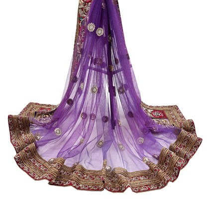 Indian Vintage Heavy Wedding Purple Dupatta Net Mesh Long Stole Hand Embroidered Scarves Golden Zardozi Dabka Zari Stole