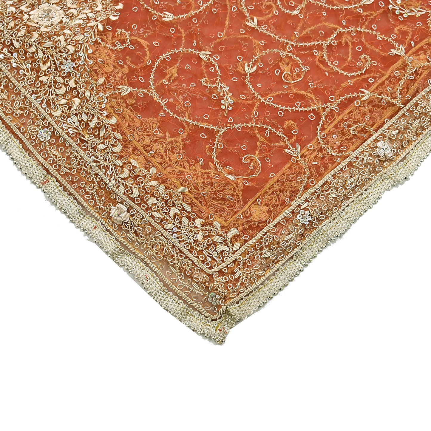 Indian Vintage Bridal Heavy Orange Dupatta Net Mesh Long Stole Hand Embroidered Scarves Golden Zardozi Dabka Zari Sequins Wedding Veil