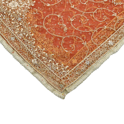 Indian Vintage Bridal Heavy Orange Dupatta Net Mesh Long Stole Hand Embroidered Scarves Golden Zardozi Dabka Zari Sequins Wedding Veil