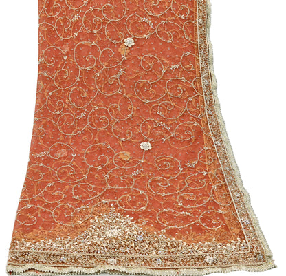 Indian Vintage Bridal Heavy Orange Dupatta Net Mesh Long Stole Hand Embroidered Scarves Golden Zardozi Dabka Zari Sequins Wedding Veil