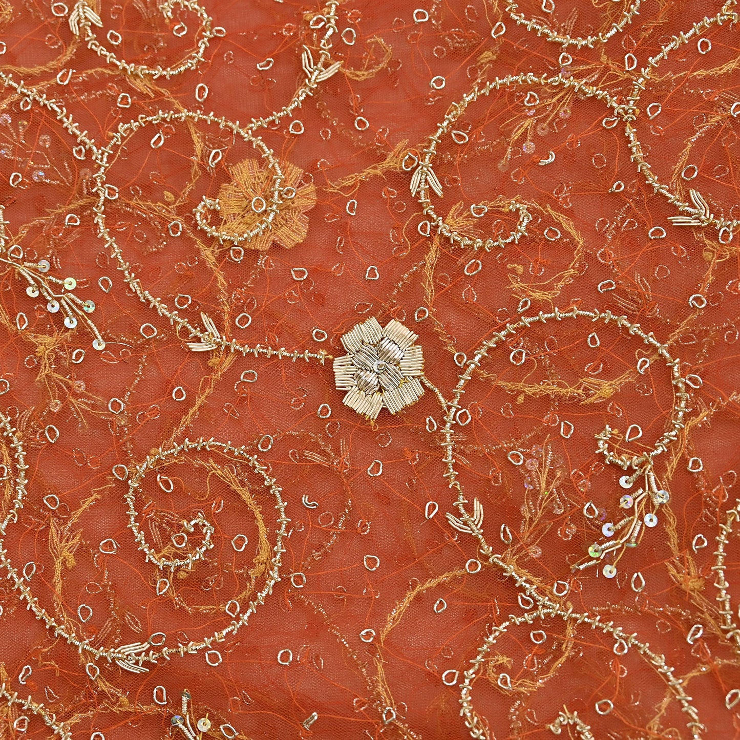 Indian Vintage Bridal Heavy Orange Dupatta Net Mesh Long Stole Hand Embroidered Scarves Golden Zardozi Dabka Zari Sequins Wedding Veil