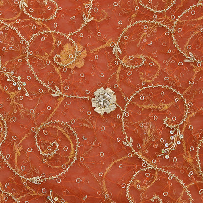 Indian Vintage Bridal Heavy Orange Dupatta Net Mesh Long Stole Hand Embroidered Scarves Golden Zardozi Dabka Zari Sequins Wedding Veil
